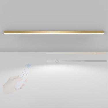 Imagem de GZZBMY Lâmpada de teto LED com controle remoto iluminação de teto regulável design moderno alumínio lâmpada de teto longa interna para sala de estar quarto cozinha sala de jantar 3000K-6500K (dourado