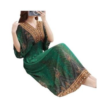 Imagem de Vestido Midi Vintage Boêmio Floral Com Decote Em V E Cintura Elástica 