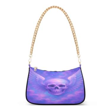 Imagem de Bolsa de ombro surreal caveira asas de anjo com corrente roxa, bolsa de mão Hobo artística para mulheres, bolsa média moderna com grande capacidade