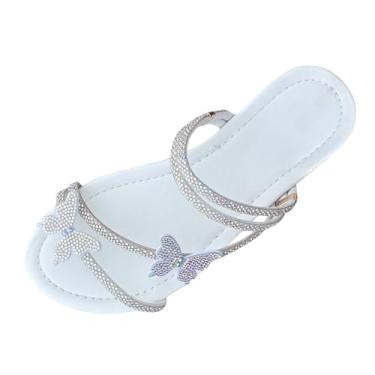 Imagem de Sandálias femininas modernas, casuais, versáteis, com strass, bico aberto, parte inferior grossa, primavera e verão, moda praia, Branco, 35