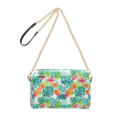 Imagem de Bolsa tiracolo feminina bolsa para celular folhas tropicais bolsa de ombro de couro PU verde com alça de corrente