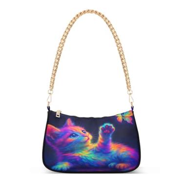 Imagem de Linda bolsa de ombro com corrente neon borboleta de gato, bolsa de mão Hobo artística para mulheres, bolsa moderna com grande capacidade
