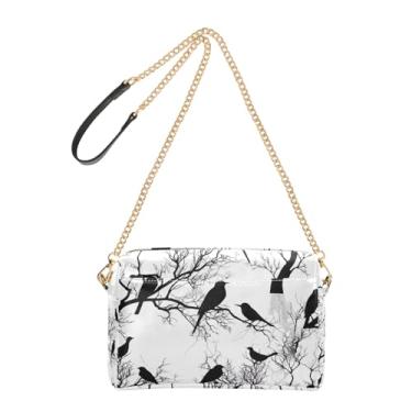 Imagem de Joitme Bolsa de ombro feminina transversal para telefone linda silhueta preta branca pássaros couro PU bolsa de ombro alça de corrente