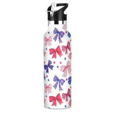 Imagem de Garrafas de água em aquarela Red Blue America com tampa de palha, garrafa de água de aço inoxidável isolada para crianças e adolescentes, copos infantis de parede dupla a vácuo sem BPA
