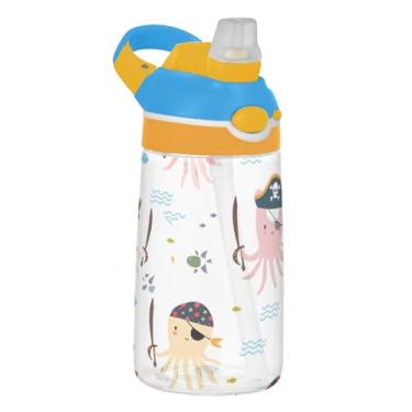Imagem de Garrafa de água infantil fofa de polvos, piratas, 473 ml, à prova de vazamento, com tampa de palha, copo infantil Tritan portátil de 473 ml, reutilizável, alça de transporte