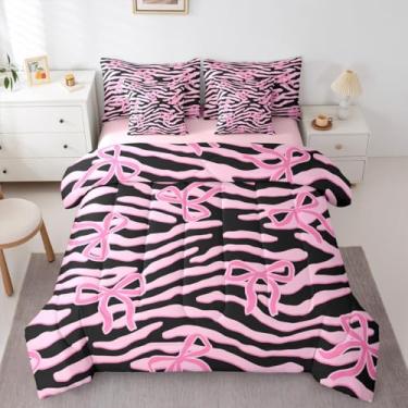 Imagem de jejeloiu Jogo de cama solteiro com laço, 7 peças, listras, zebra, lindo, com edredom, lençóis, fronhas, capas de almofada, pele de animal selvagem, decoração de quarto rosa e preto