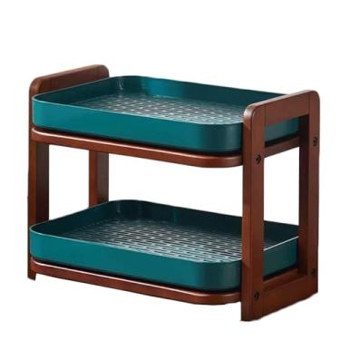 Imagem de LNQKJXIIA Boutiques US Suporte para copos de madeira maciça de camada dupla com bandeja de drenagem removível, organizador multiuso de bancada de cozinha para conjuntos de chá, escorredor de pratos