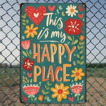 Imagem de Placa floral This Is Happy Place, arte de parede de alumínio rústico e placa de metal - 20 x 30 cm, decoração vintage para ambientes internos e externos, para casa, escritório, café, quintal e jardim