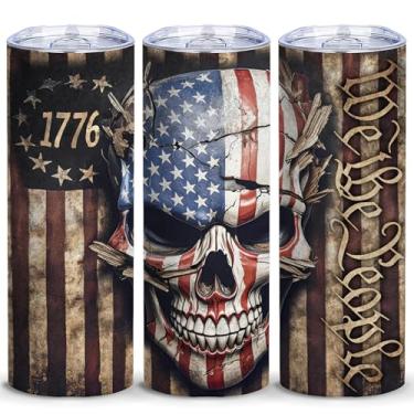 Imagem de ATHAND Garrafa de água com caveira com bandeira americana, copo de caveira, copo fino isolado a vácuo de 590 ml, presentes para amigos, mulheres, homens, meninos, 1 peça