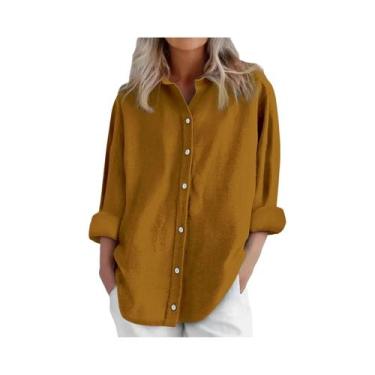 Imagem de Camisa Casual Feminina De Algodão E Linho De Manga Longa Em Cor Sólida