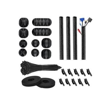 Imagem de Kit de gerenciamento de cabos de 126 peças, 4 capas organizadoras de fios, 10 suportes de cabos, 10 clipes para cabos + 2 tiras organizadoras de cabos e 100 abraçadeiras de fixação para TV de