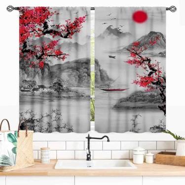 Imagem de Cortinas asiáticas, pintura a tinta tradicional, natureza, paisagem, montanhas, flores de cerejeira, floral, estilo japonês, vermelho, cinza, cozinha, sala de estar, quarto, banheiro, janela, cortinas