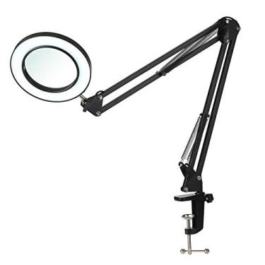 Imagem de Lâmpada de Mesa Flexível com Clamp Lupa 8x Braço Oscilante LEDs Ajustáveis Luz 3 Modos Cor 10 Níveis Brilho para Leitura Trabalho e Estudo