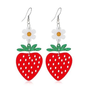 Imagem de Brincos pendentes de frutas fofas de morango, brincos de gota de flor de morango de verão para mulheres, Acrílico, Liga metálica.