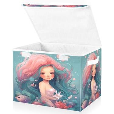 Imagem de Blueangle Cestos de armazenamento de sereia havaiana com tampas, 42 x 32 x 30 cm, grande cesta organizadora dobrável para decoração de escritório e armário (480)