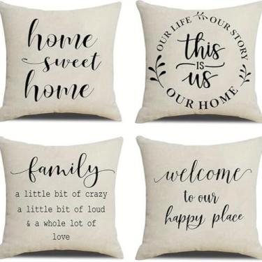 Imagem de avpdupu Conjunto de 4 capas de almofada de linho 45,7 x 45,7 cm - Capas de linho com padrão de texto divertido, sala de estar e uso ao ar livre, fronhas decorativas para sofá