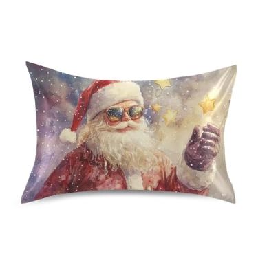 Imagem de Blueangle Fronha de cetim com estrelas de Papai Noel para cabelo e pele, fronha de seda, tamanho Queen (50,8 x 76,2 cm) - Capas de almofada de cetim refrescantes com fecho de envelope (859)