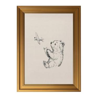Imagem de Ursinho de pelúcia vintage emoldurado dourado para berçário, arte de parede, bonito, vintage, minimalista, pintura de urso, decoração de parede, brinquedo, avião, pôster impresso, arte para quarto de