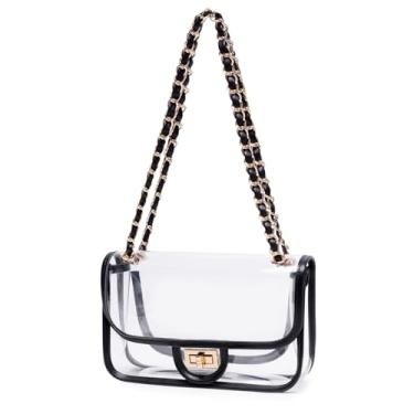 Imagem de LAM GALLERY Bolsa feminina transparente de PVC com corrente aprovada pelo estádio bolsa transparente transparente para trabalho e concertos, Acabamento preto (ferragens douradas) (tamanho médio