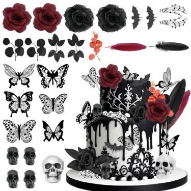 Imagem de Decorações de bolo TSVATE Gothic 26 unidades pretas com rosa vermelha,