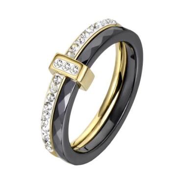 Imagem de Anel De Noivado Em Cristal Cerâmico Preto E Branco Com Ouro Rosa E Aço