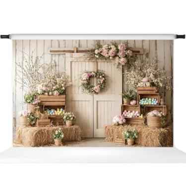 Imagem de Kate Pano de fundo de Páscoa para sessão de fotos flores de primavera porta de celeiro de madeira ovos coloridos adereços de faixa de festa, 3 x 2 m