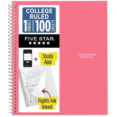 Imagem de Five Star Caderno espiral + aplicativo de estudo, 1 matéria, papel pautado universitário, 21 cm x 28 cm, 100 folhas, combate sangramento de tinta, capa resistente à água, rosa (820002R)