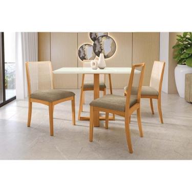 Imagem de Mesa Cozinha Elma Premium Madeira Maciça c/ Tampo Madeirado c/ Vidro 120x80cm e 4 Cadeiras Lara Carvalho/Off White - Boucle Bege Fendi-Kappesberg