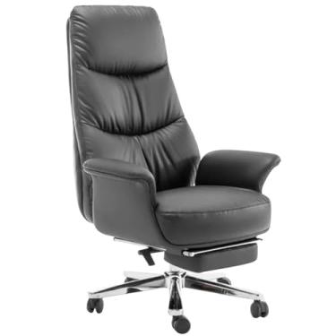 Imagem de Cadeira de escritório executiva de couro genuíno com encosto ajustável e apoio para os pés - Cadeira de mesa ergonômica giratória para computador para escritório em casa (marrom)