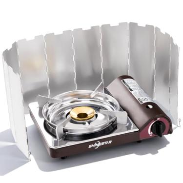 Imagem de SHINESTAR Fogão de acampamento de butano de 14000 BTU, fogão portátil de butano duplo para acampamento, caminhada, emergências, itens essenciais para uso não autorizado, estojo de transporte incluído