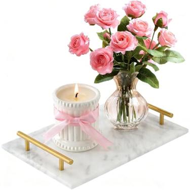 Imagem de Bandeja de suporte de toalha de hóspede para banheiro, bandeja de mármore branco, suporte de toalha, suporte de guardanapo com alça em T dourada (11,81 x 7,87 polegadas)