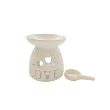 Imagem de Castiçal de cerâmica Tealight Love Ornamento de queimador de óleo essencial com colher para spa de ioga, difusor de óleo, aromaterapia, cera, derretimento para decoração de quarto e casa (branco)