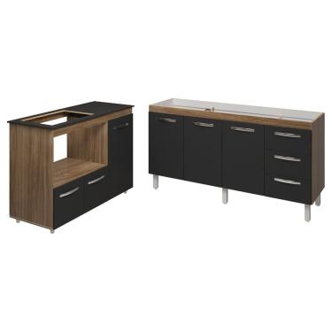 Imagem de Balcão Cozinha Gabinete de Pia 160 cm Estela e Balcão Para Fogão Cooktop 4 Bocas e Forno Elétrico Alana Savana Preto