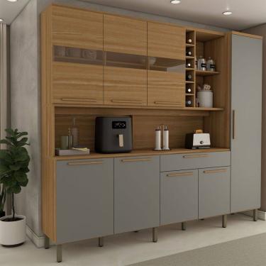 Imagem de Cozinha Compacta Vanguardia 8 Portas 1 Gaveta 100% Mdf com Vidro Amêndoa/Cinza - Panorama Móveis
