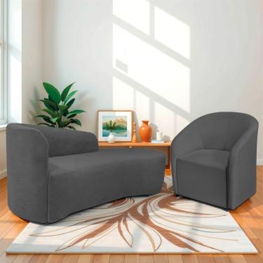 Imagem de Kit Sofá Curvo França 160cm Ld. E Poltrona Luiza Max Conforto, Elegância E Design Moderno Linho Cinza Escuro