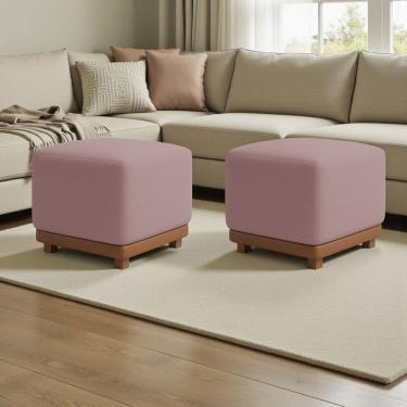 Imagem de Kit 2 Puffs Dalilla Bouclé Premium Exclusivos Assento Extra Para Sala Quarto Base Peroba Pés Castanho Design Moderno