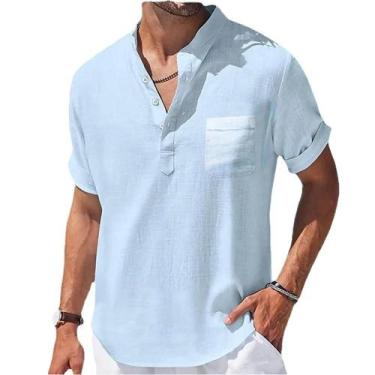 Imagem de Camisa Masculina de Linho Casual - Manga Curta, Gola Alta e Bolso, BR-