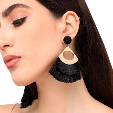 Imagem de Brinco Sobrepor Delicado Vazado Dourado Espanador Preto Luxo - - anjo 