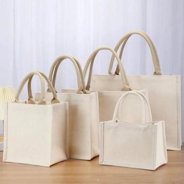 Imagem de Bolsa De Lona Reutilizável Grande E Dobrável Em Bege Para Compras Diár