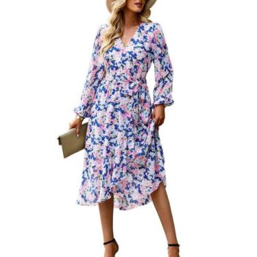 Imagem de Vestido PRETTYGARDEN Floral Boho Envelope Decote V Manga Longa