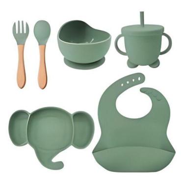 Imagem de Kit Alimentação Bebê Silicone Prato Copo Talher Babador Pote - - Kadê,
