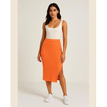 Imagem de Saia Midi Lápis Fenda Lateral Opções de Cores Zanca Modas, M, Laranja