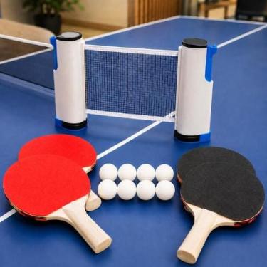 Imagem de Kit Tenis De Mesa 4 Raquetes 8 Bolinhas Ping Pong E Rede - Shark Blue