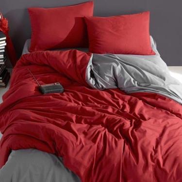 Imagem de Jogo de cama casal comum vermelho com cinza 7 pç com edredom