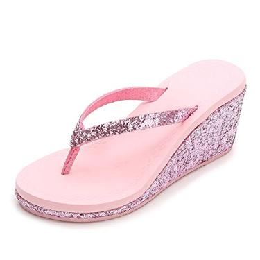 Imagem de Chinelo de plataforma feminino com strass para o verão, rosa, 35