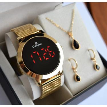 Imagem de Relogio Champion Dourado Digital Led Vermelho Ch40106h + Kit Semi Joia