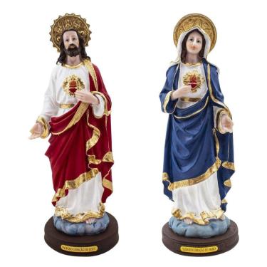Imagem de Kit Imagem Sagrado Coração De Jesus E Maria Resina 23 Cm