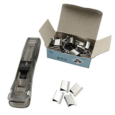 Imagem de ZYAMY Dispensador de clipe de moluscos de papel portátil com 50 peças de clipes de recarga de metal de aço inoxidável para presentes de professores de escritório, casa, preto, capacidade de 40 folhas