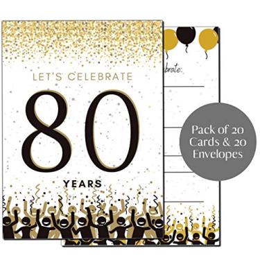 Imagem de Convites de festa de 80º aniversário | 80 anos | Preto e dourado | Confetes para festas | Enchimento em estilo | 20 unidades com envelopes | Festa surpresa