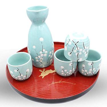 Imagem de Conjunto de saquê de cerâmica japonesa ~ conjunto de 5 peças de saquê (inclui 1 garrafa TOKKURI e 4 copos OCHOKO) com padrões de ameixa branca e flor de saquê Wine Service Se